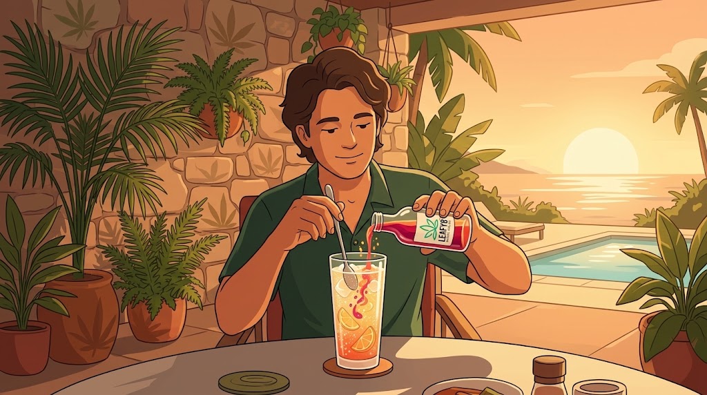 An adult relaxing at a tropical patio table during golden hour, pouring syrup from a Leafy8 bottle into a sparkling citrus drink.
