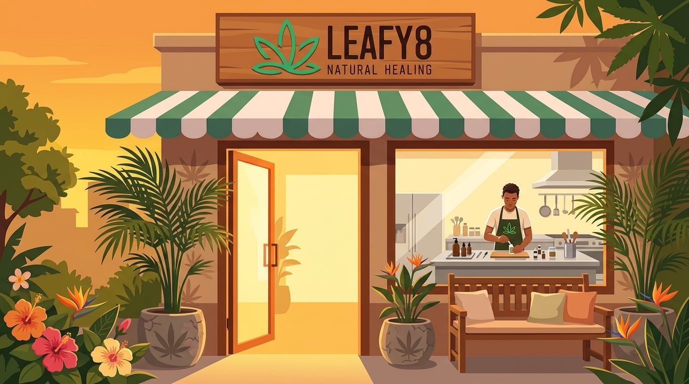Leafy8 hemp shop storefront at sunset featuring a wooden logo sign above a striped awning, tropical potted palms, and a bench outside a warm, open doorway.