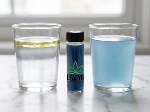 A clean, educational macro photo showing an oil-and-water separation test on the left, a small cylindrical bottle filled with blue liquid featuring the Leafy8 logo in the center, and a glass of pale blue blended liquid on the right.
