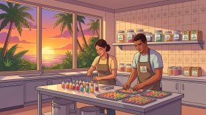 craft production kitchen at sunset, where Leafy8 staff members in branded aprons carefully package gummies and small glass syrup bottles at a stainless steel counter overlooking tropical palm trees.