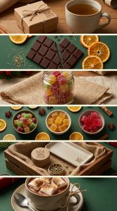 Six-panel holiday display with Leafy8 square fruit gummies, dark chocolate, tea, hot cocoa, and festive gift boxes.