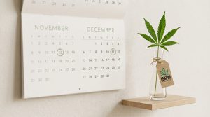 Editorial photograph of a paper wall calendar with November 12 and December 11 circled in green ink, beside a small wooden shelf holding a glass vase with a green hemp sprig and a LEAFY8 branded kraft paper tag.