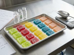 A metal tray of sugar-coated square hemp gummies in green, red, yellow, blue, and peach arranged on a stainless steel counter next to sample bottles with the Leafy8 logo and formulation notes.