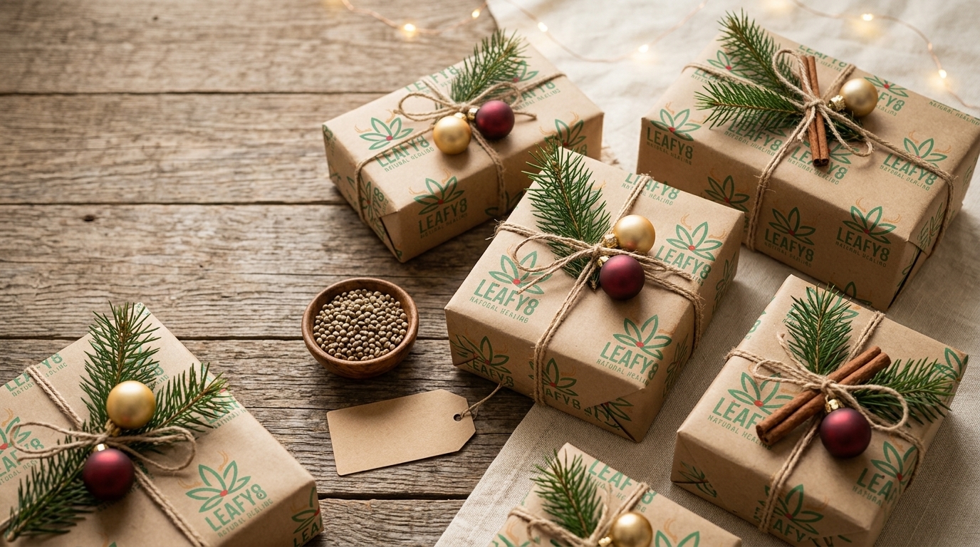 Overhead flat lay of beautifully wrapped holiday gifts in leafy8 Kraft paper tied with natural hemp twine, pine sprigs, gold ornaments, cinnamon sticks, a small wooden bowl of hemp seeds, and a blank gift tag, arranged on a wooden table, festive and welcoming.