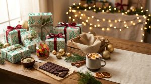 A festive, eye-level still life on a wooden table features wrapped presents with green Leafy8 logos and red or twine bows. Scattered around are gold ornaments, a glass jar of colorful fruit gummies, a wooden bowl with seeds, a bar of dark chocolate, cinnamon sticks, dried orange slices, pine sprigs, and a mug of hot cocoa with toasted marshmallows. The background is softly lit by warm string lights and window light