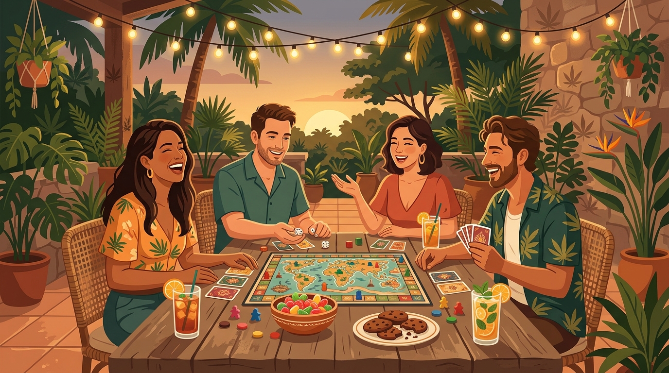 A vintage travel-style vector illustration of four friends laughing together at a tropical outdoor table at sunset. They are playing a world-map board game surrounded by lush potted plants and palm trees under string lights. On the rustic wooden table are various cards, pieces, candy, and cookies, along with glasses of orange juice. Both the foliage in the background and one woman's shirt feature a clear cannabis leaf pattern.
