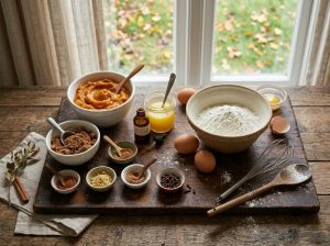 A top-down photograph on a dark, rustic wooden table showing a spread of ingredients for baking. On the left are white bowls filled with pumpkin puree and brown sugar, a small jar of vanilla extract, and tiny bowls with various ground spices like cinnamon, nutmeg, and cloves. On the right is a larger ceramic bowl of flour with some spilled flour dust, several raw brown eggs, and metal and wooden baking tools. In the background, there's a large window looking out onto blurry autumn leaves.