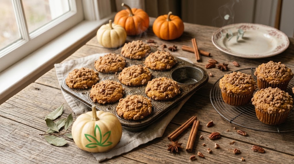 Freshly baked pumpkin spice streusel muffins cooling in a vintage tin on a rustic wooden table, featuring a white mini pumpkin in the foreground adorned with the green Leafy8 leaf logo alongside autumn spices and soft morning light.