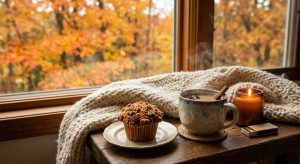 A warm, steaming mug of mulled cider, a cinnamon stick, a single clove, and a lit candle sit on a rustic wooden windowsill, next to a freshly baked streusel-topped muffin, overlooking a vibrant autumn forest.