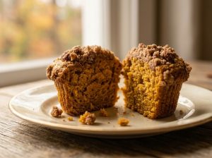 A close-up photograph, based on image_1.png, showing two halves of a moist pumpkin muffin with a crunchy pecan crumble topping, resting on a beige ceramic plate on a wooden table. Crumbs are scattered on the plate. The background features a soft-focus window view of vibrant autumn foliage and a sheer curtain. The lighting is warm and natural.