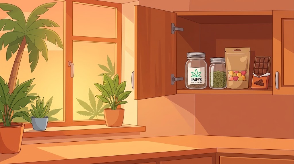 Leafy8 jar, gummy pouch, and chocolate bar organized in a wooden cabinet beside a window with tropical plants outside