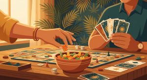 Leafy8 featuring a hand grabbing a gummy from a snack bowl on a game table, with playing cards, warm golden lighting, and subtle hemp leaf background motifs.