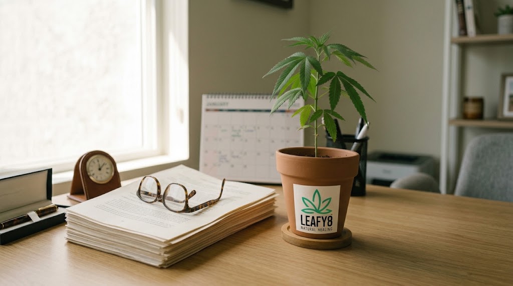 Editorial style photograph of a modern office desk by a large window with soft, natural light and a green potted hemp plant with a "LEAFY8 Natural Healing" label. On the wooden desk are a stack of legal documents with tortoiseshell reading glasses on top, an analog desk clock, and a black presentation case. A desk calendar and a pen holder are in the background.