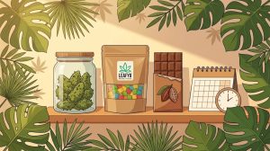 A flat vector illustration of a wooden shelf holding a glass jar, a kraft pouch labeled with the Leafy8 logo containing square gummies, and a chocolate bar, alongside a desk calendar and clock. Framed by lush tropical foliage and subtle hemp leaf silhouettes in a warm, golden-hour palette.